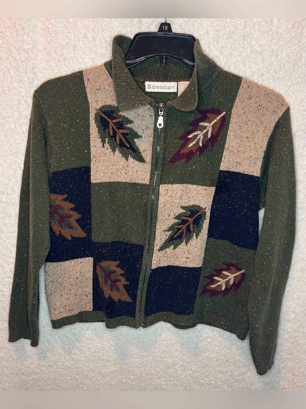 dressbarn Vintage Women's Fall Green Leaf Print Full Zip Cardigan Size Small